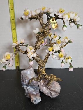 Handcrafted Pink and White Floral Gemstone Tree - Decorative Home Accent